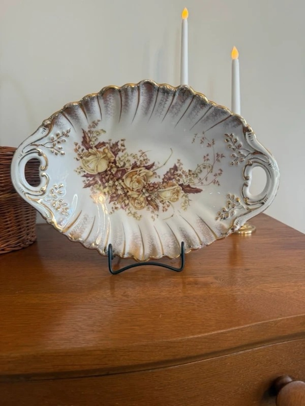 Porcelain Floral Serving Platter in White and Yellow with Gold Trim